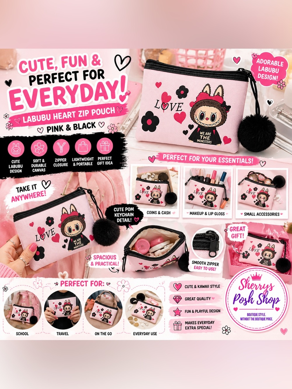 Labubu Heart Zip Pouch Pink Black Cute Kawaii Coin Makeup Bag Pom Keychain - Picture 2 of 5